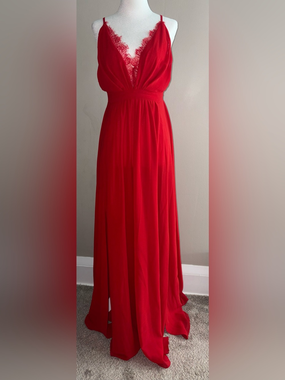 Windsor - Red Dress with Lace Top and Tie Back Detail - Elegant Flowing Women's